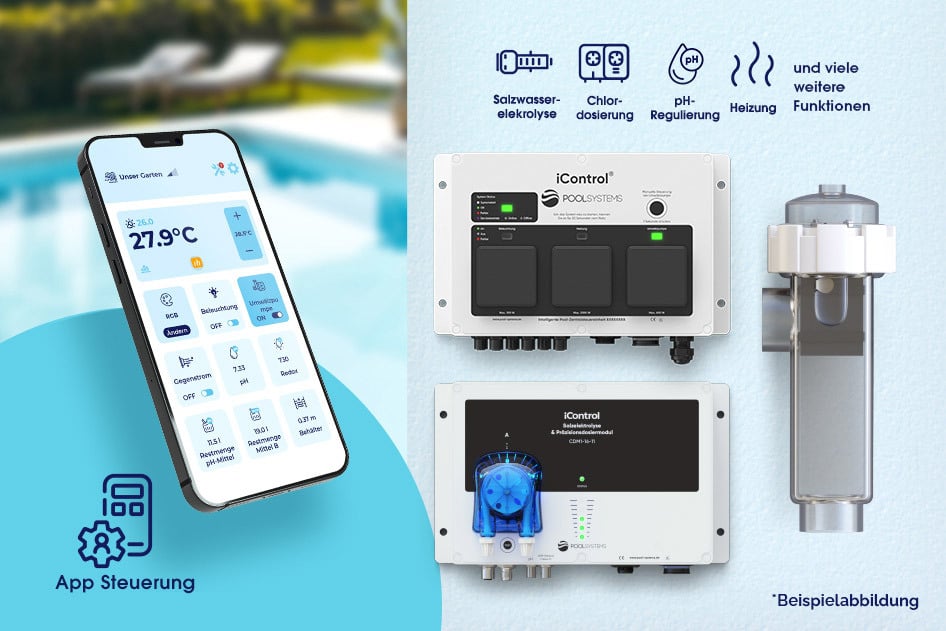 Pool-Salzwasserelektrolyse iControl Salt mit intelligenter Poolsteuerung und optionaler pH-Regulierung