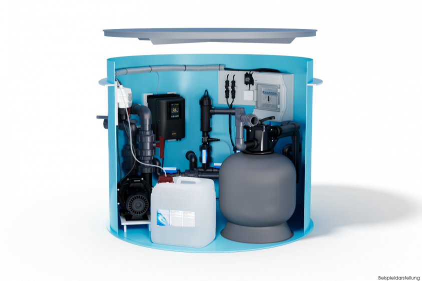 Pool-Technikschacht HydroTec Plus | LowSalt mit Gegenstromanlage, Salzwasserelektrolyse und Hydrolyse inkl. PH & Sandfilteranlage