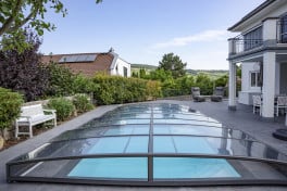 Pool Komplettset Premium ONE® mit Skimmer-Fertigpool und optional elektrischem Rollo / Poolabdeckung  Poolgröße 4,0 x 8,0m | Überdachung Neo Clear 4.0x8.5m