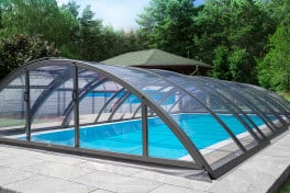 Keramik Pool Komplettset Cera Bay Cubic mit Skimmer Pool  Poolgröße 3,8 x 9,5m | Überdachung Base Clear 5.0x10.6m