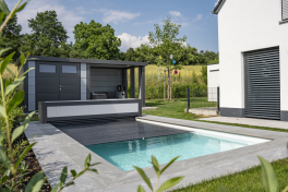 Edelstahlpool Komplettset Infinity® Eternity mit Überlauf-Fertigpool und optional elektrischem Rollo / Poolabdeckung  Poolgröße 3,5 x 6,0m | Oberflurrolladen - Geschlossen