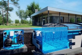 Pool Komplettset Bay mit Skimmer-Schwimmbecken und optionaler Poolüberdachung / elektrischem Rollo